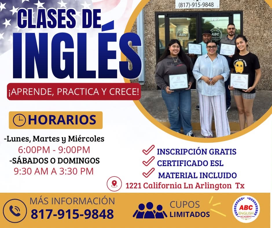 Anuncio de horarios y beneficios de ABC English Academy